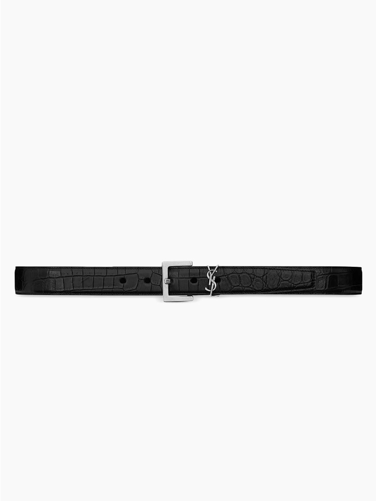 Saint Laurent Monogram Belt In Matte Crocodile-Embossed Leather